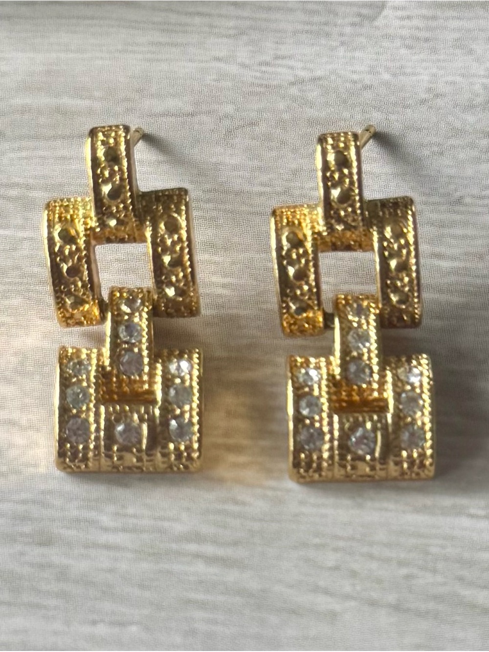 Gold-Tone Geometric Drop Earrings with Crystal Accents